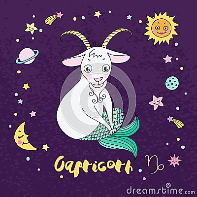 Capricorn zodiac sign on night sky background with stars Vector Illustration
