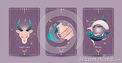 Capricornus, Aquarius, and Pisces zodiac symbols are hand drawing styles Vector Illustration