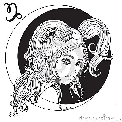 Capricornus. A young beautiful girl In the form of one of the si Vector Illustration