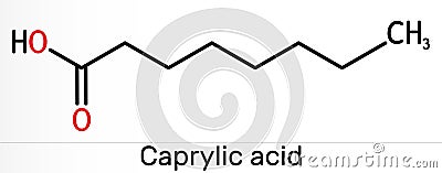 Caprylic acid, octanoic acid molecule. It is straight-chain saturated fatty and carboxylic acid. Salts are octanoates or Stock Photo