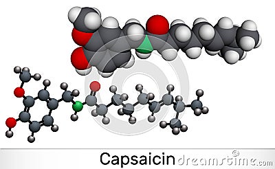Capsaicin, alkaloid, C18H27NO3 molecule. It is chili pepper extract with non-narcotic analgesic properties. Molecular model Stock Photo
