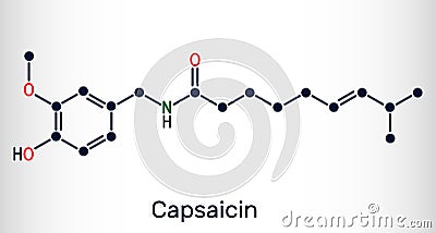 Capsaicin, alkaloid, C18H27NO3 molecule. It is chili pepper extract with non-narcotic analgesic properties. Structural chemical Vector Illustration