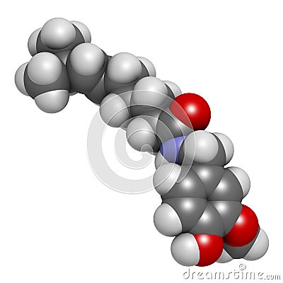 Capsaicin chili pepper molecule, 3D rendering. Used in food, drugs, pepper spray, etc. Atoms are represented as spheres with Stock Photo