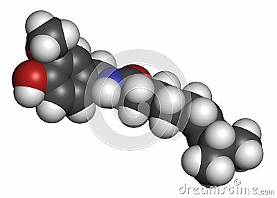 Capsaicin chili pepper molecule. Used in food, drugs, pepper spray, etc. 3D rendering. Atoms are represented as spheres with Stock Photo