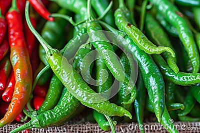 Capsicum bounty Freshly picked green chilies in close up view Stock Photo