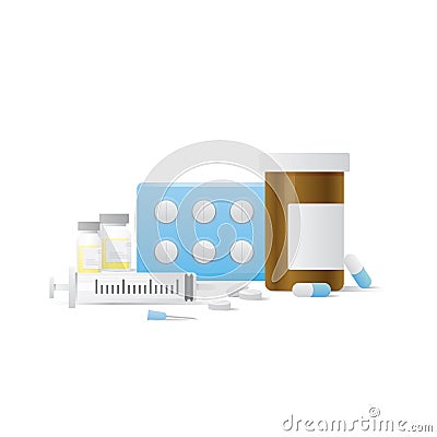 Capsule bottle and Pills medicine panel and Injection needle ill Vector Illustration