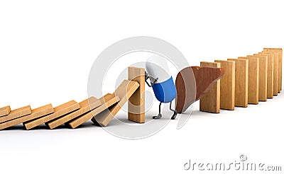 Capsule character stopping Falling wooden Dominoes. concept for liver protection. liver risk. Stock Photo