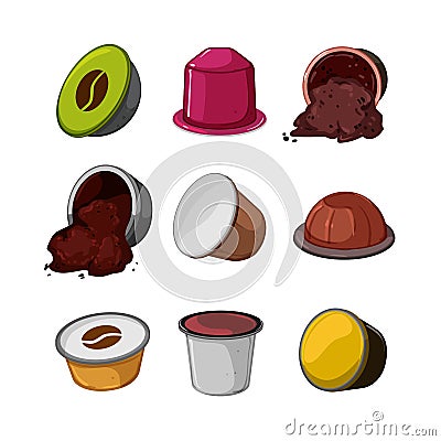 capsule coffee set cartoon vector illustration Vector Illustration