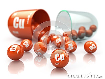 Capsule with copper CU element Dietary supplements. Vitamin pill Cartoon Illustration