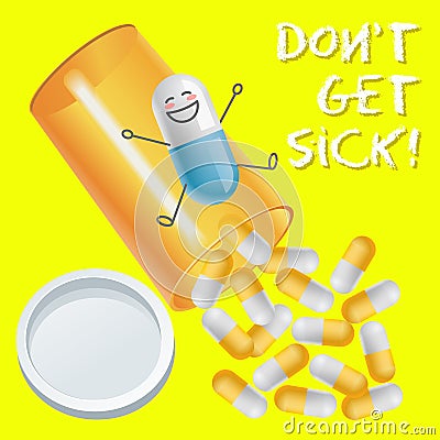 Capsule with face expression and pill bottle spilling capsules Vector Illustration