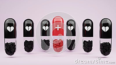 Capsule medicine for healing broken heart 3D render illustration Cartoon Illustration