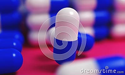 Capsule medicine pills, health pharmacy concept. Drugs for treatment medication. Heap of blue white color capsules on pink backgro Stock Photo