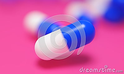 Capsule medicine pills, health pharmacy concept. Drugs for treatment medication. Heap of blue white color capsules on pink backgro Stock Photo