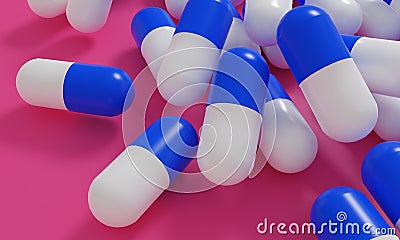 Capsule medicine pills, health pharmacy concept. Drugs for treatment medication. Heap of blue white color capsules on pink backgro Cartoon Illustration