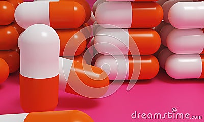 Capsule medicine pills, health pharmacy concept. Drugs for treatment medication. Heap of orange white color capsules on pink backg Stock Photo