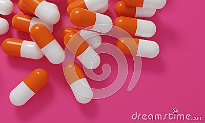 Capsule medicine pills, health pharmacy concept. Drugs for treatment medication. Heap of orange white color capsules on pink backg Cartoon Illustration