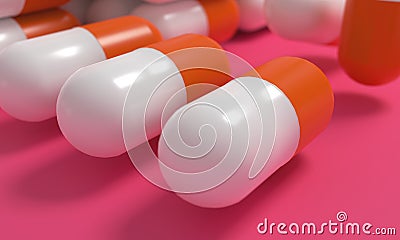 Capsule medicine pills, health pharmacy concept. Drugs for treatment medication. Heap of orange white color capsules on pink backg Stock Photo