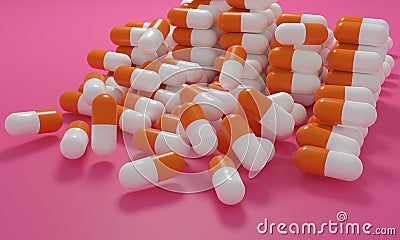 Capsule medicine pills, health pharmacy concept. Drugs for treatment medication. Heap of orange white color capsules on pink backg Stock Photo