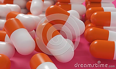 Capsule medicine pills, health pharmacy concept. Drugs for treatment medication. Heap of orange white color capsules on pink backg Stock Photo