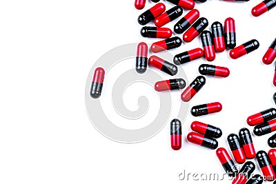 Capsule pills spread on white background. Antibiotic drug use with reasonable. Pharmaceutical industry. Pharmacy background. Stock Photo