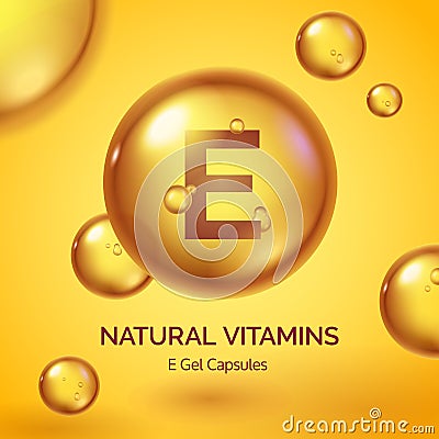 Capsule with vitamin E. Realistic gold pill. Cosmetic skin care product poster with oil drops and bubbles. Beauty and Vector Illustration