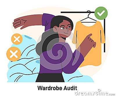 Capsule wardrobe. Character doing a apparel audit, throwing away clothes Vector Illustration