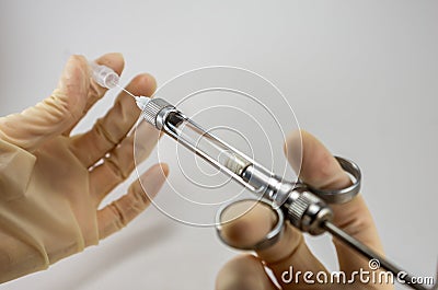 capsules for dental anesthesia and syringe, articaine procaine lidocaine mepivacaine in hand, choosing an anesthetic drug Stock Photo