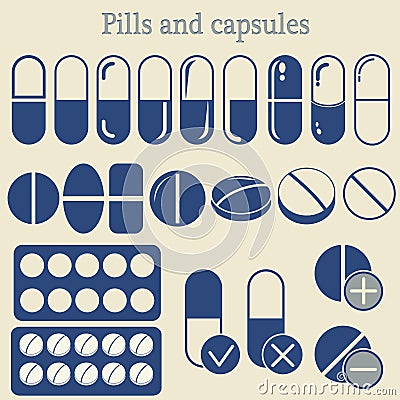 Capsules and pill icon set Vector Illustration