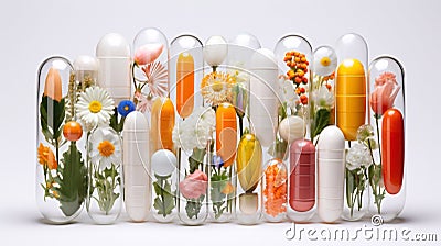 Capsules with different pills and flowers on a white background. Various pills, flowers and herbs Stock Photo