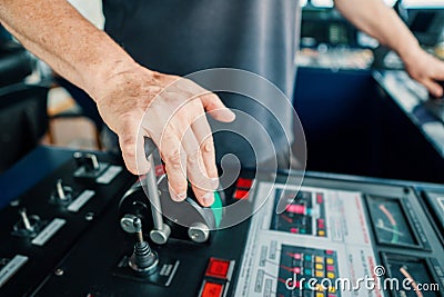 Captain of deck Officer on bridge of vessel or ship during navigaton watch at sea Stock Photo