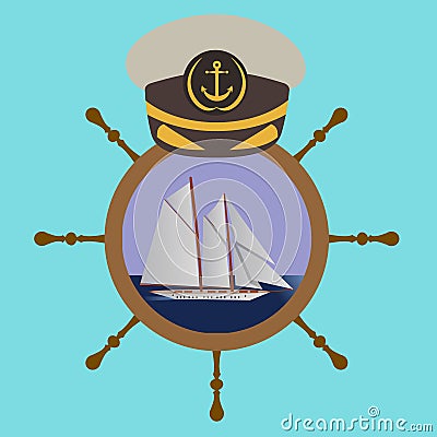 Captain hat on the wheel with boat and sea. Vector illustration Vector Illustration