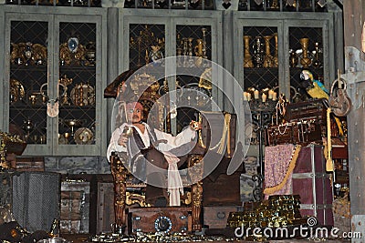 Captain Jack Sparrow and the parrot - Pirates of the Caribbean film - Walt Disney park ride - Magic Kingdom Editorial Stock Photo