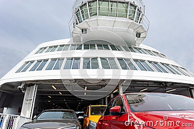 Captain's cabin of passenger freight cargo ferry boat vessel ship with loaded cars and vehicles. Sea transportation Stock Photo