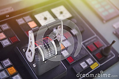 Captain`s hand on ship throttle. Stock Photo