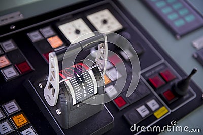 Captain`s hand on ship throttle. Stock Photo