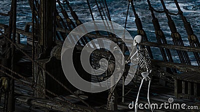 Captain skeleton in a ghost sailboat by night time Stock Photo