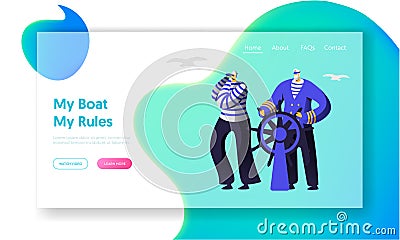 Captain at Steering Wheel, Sailor in Stripped Vests Looking at Binoculars Website Landing Page. Ship Crew, Vessel Stuff at Sea Vector Illustration