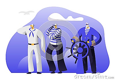 Captain at Steering Wheel, Sailors in Stripped Vests Holding Life Buoy and Ringing Bell. Ship Crew Male Characters in Uniform Vector Illustration