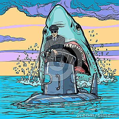 Captain of the submarine. Shark attack Vector Illustration
