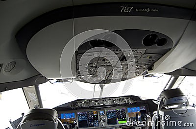 The Captains seat in the cockpit of the Boeing 787 Editorial Stock Photo