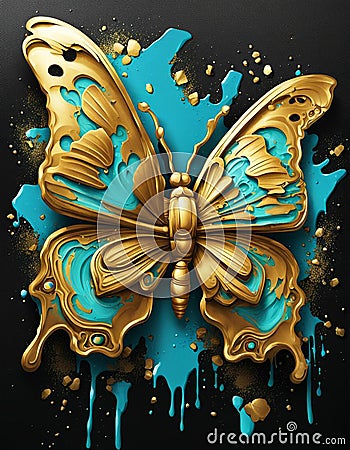 Exquisite Golden Butterfly Jewelry with Turquoise on Black Stock Photo