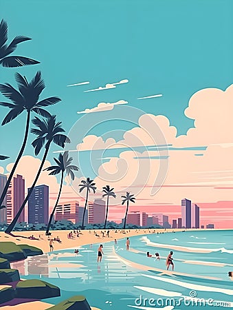 Waikiki Serenity: Abstract Travel Poster of Hawaiian Paradise Cartoon Illustration