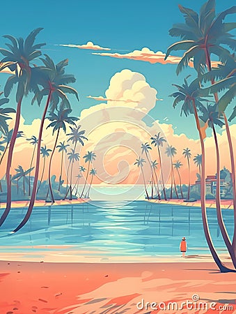 Waikiki Serenity: Abstract Travel Poster of Hawaiian Paradise Cartoon Illustration