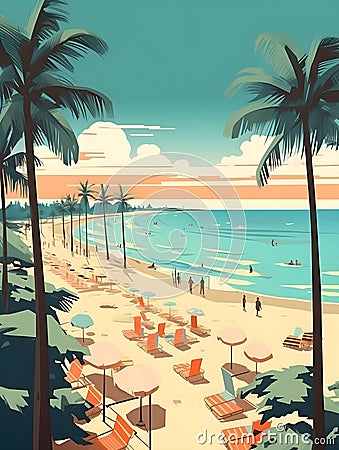 Waikiki Serenity: Abstract Travel Poster of Hawaiian Paradise Cartoon Illustration