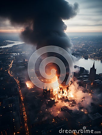 Aerial view of a big fire in the city at night. Stock Photo