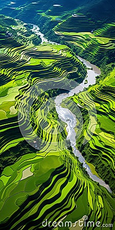 Captivating Aerial Views Of Terraced Rice Fields And River In Vietnam Stock Photo