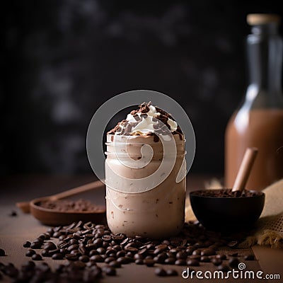 Delicious Frothy Frappuccino Close-Up, with coffee beans - AI Generated Stock Photo
