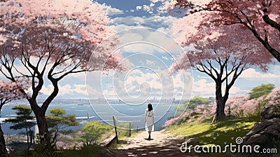 Captivating Anime Cherry Blossom Painting With Lifelike Rendering Stock Photo