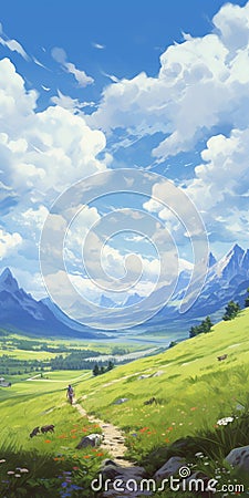 Captivating Anime Landscape: Expansive Mountains And Rivers Stock Photo