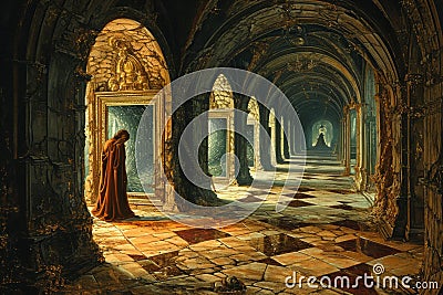 Cursed mirror labyrinths, reflecting distorted versions of reality and challenging perception - Generative AI Stock Photo